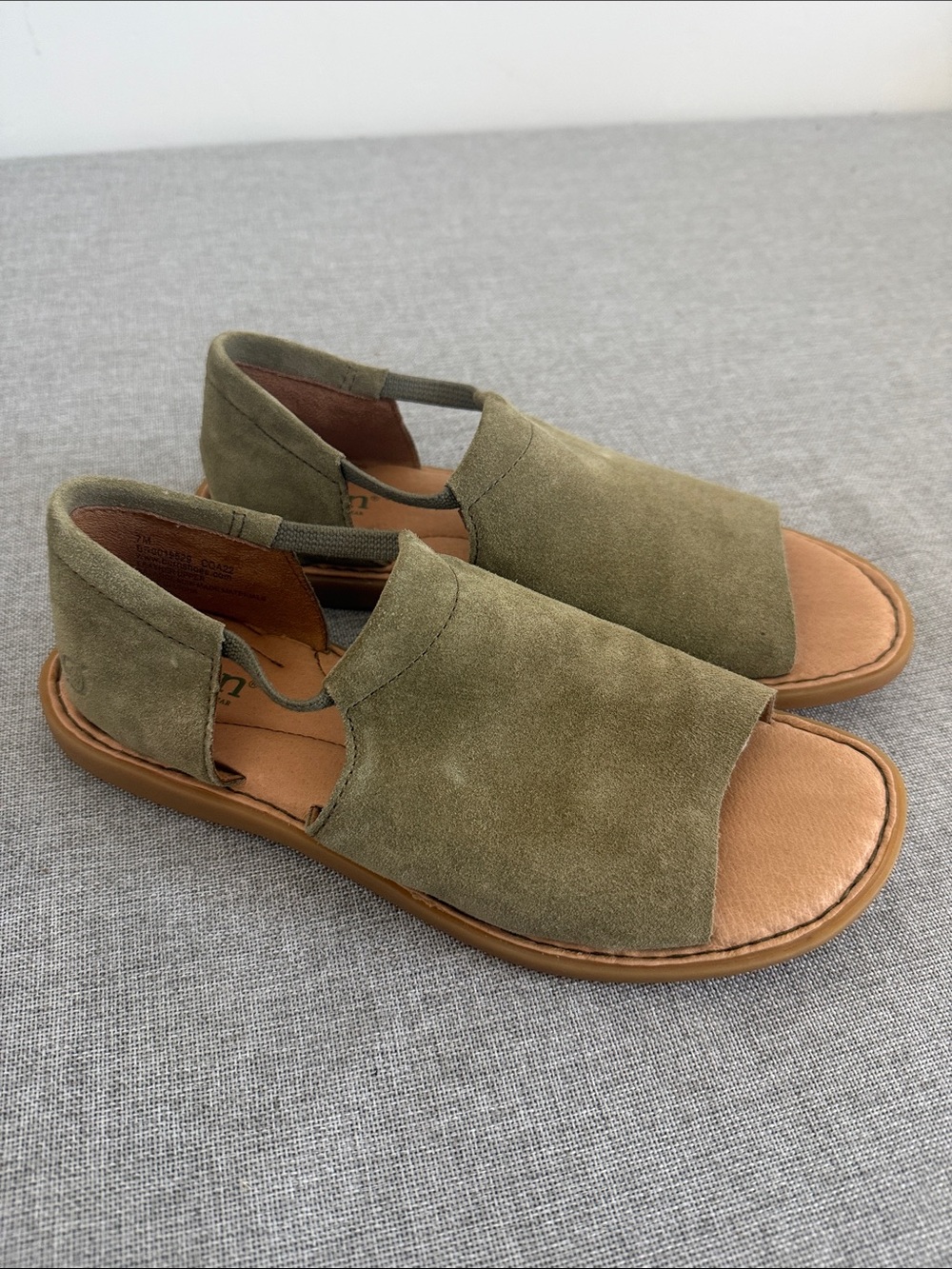 Born Olive Suede Slip-On Sandals with Tan Insole